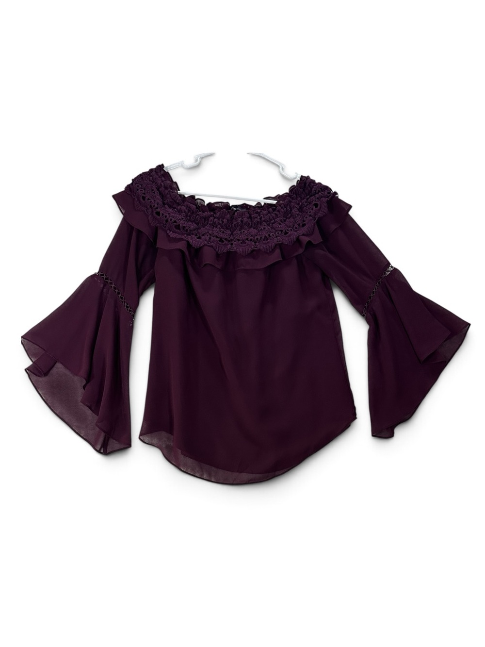 White House Black Market Plum Off-Shoulder Crochet Yoke Bell Sleeve Blouse